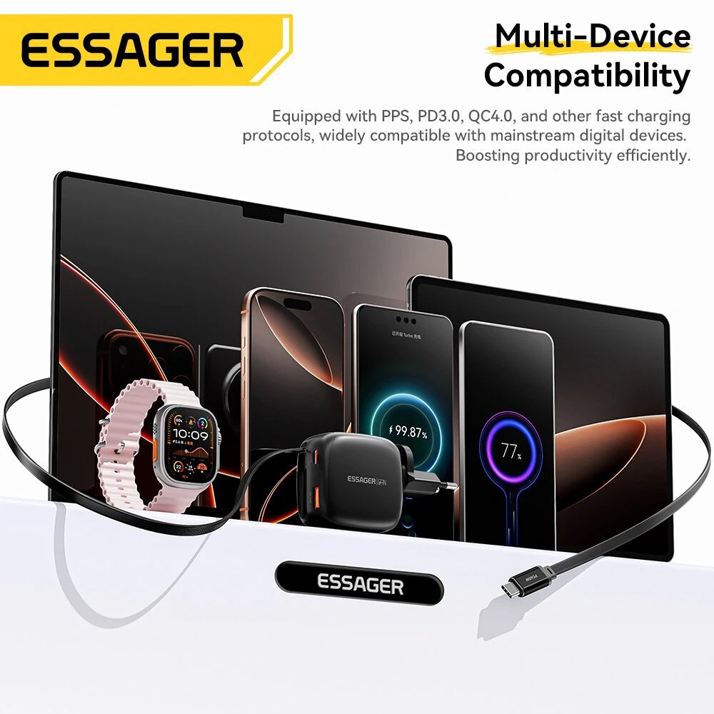 Essager ES-CD60 Chargeur Secteur GaN 65W avec Câble USB-C Rétractable - Arsenal HANTKO